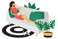 Woman sitting on a sofa and reading a book. Modern flat design concept of pastime at home.